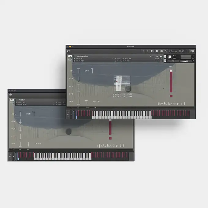 Hakkebrett Kontakt UI, showing the main instrument panel with controls for blending sounds. version 2.3