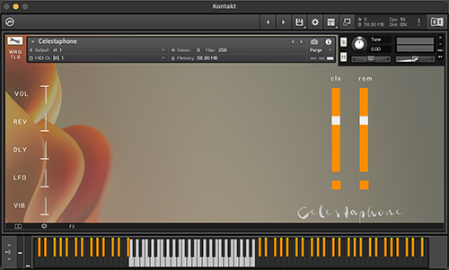 Full view of a Kontakt sample library GUI, highlighting its integrated channel strips featuring bespoke EQ, compression, and saturation modules for precise sound shaping.