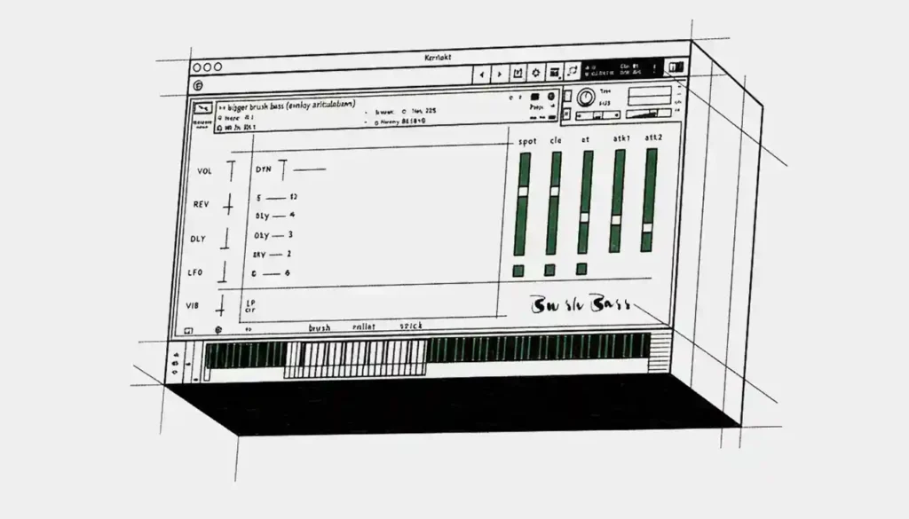 Drawing of the User interface of an acoustic bass Kontakt library showing microphone mixer sliders and character control knobs.