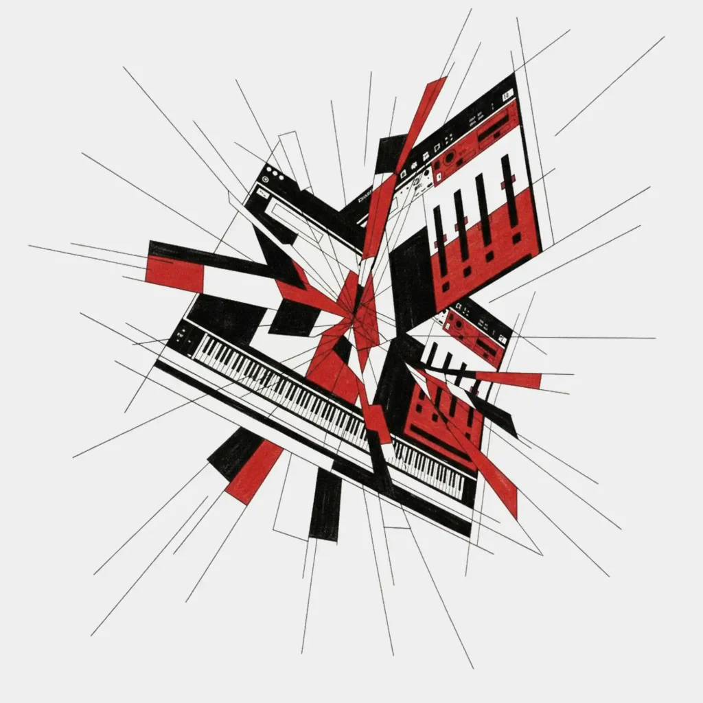 This is a graphical drawing of the mechanical soul inside a legendary silver-box synthesizer, captured for high-end boutique sound design.