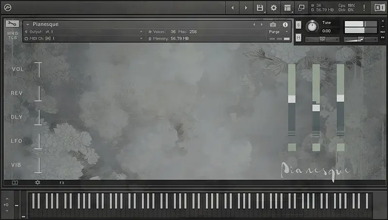 kontakt user interface expressing the evolving space of ambient piano textures.
