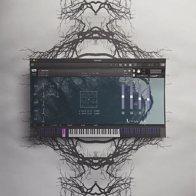 Kontakt user interface showing custom channel strips. With Floral Collage Aesthetic: Signature Wrongtools design element featuring vintage botanical illustrations overlaid on dark industrial textures, used as a background for the product page.