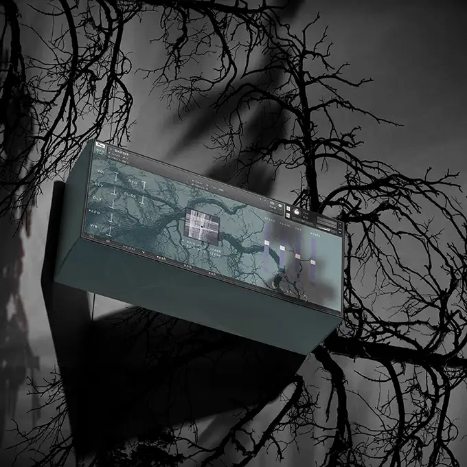 Box Shot: A 3D-rendered software box shot of the Unsung sample library used for the digital store listing and marketing materials. A user interface for choir library VST plugin - between roots